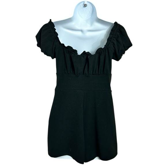 Shein Black Romper Shorts Sz Small Off the Shoulder Front Tie 2.5" Inseam - Picture 3 of 4